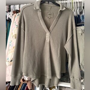 Aerie Sage Waffle Knit Long-Sleeve Top with Shorts